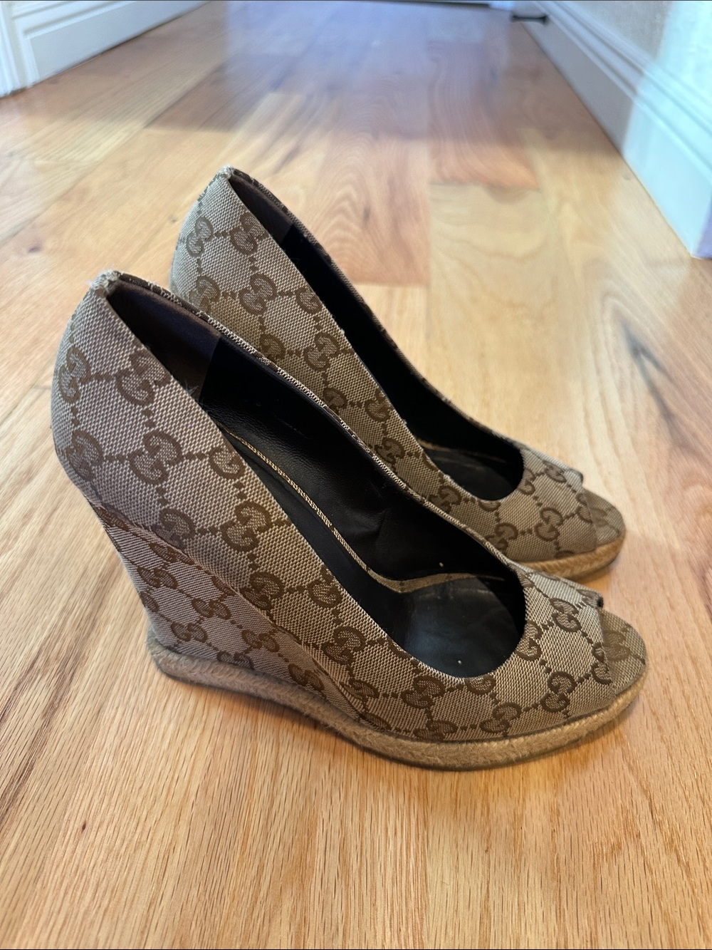 Gucci Beige Monogram Wedge Pumps